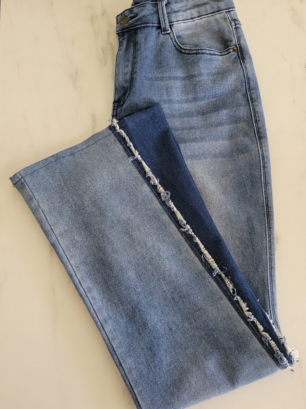 New York & Company Two Tone Colorblock Flare Jeans High Rise Split Hem Women 10